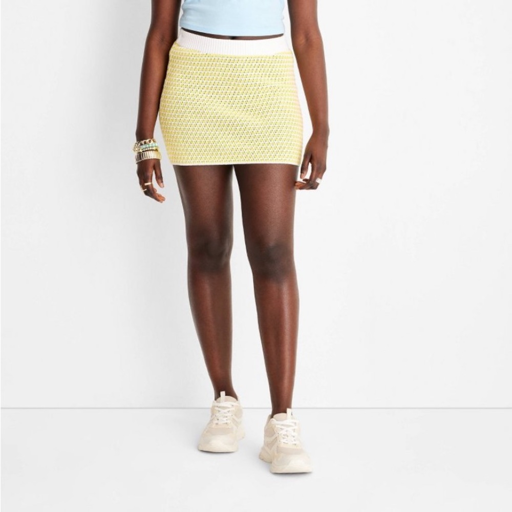 Crochet Checkered Mini Skirt - Future Collective with Alani Noelle Yellow/ White - Picture 3 of 9